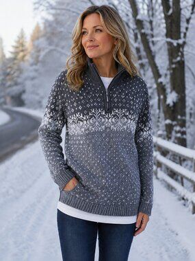 PARTNERS Long Sleeve 1/4 Zip-Up Collar Gray & White Knit Tunic Sweater L